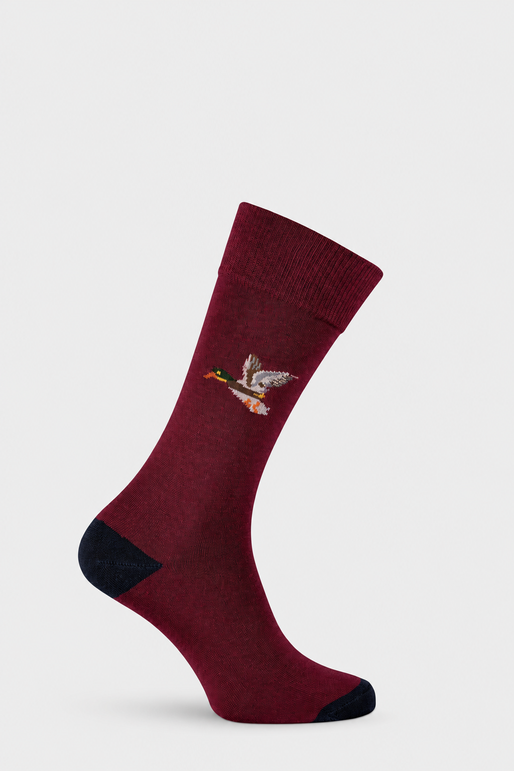Burgundy Flying Duck sock with EFEFEF background